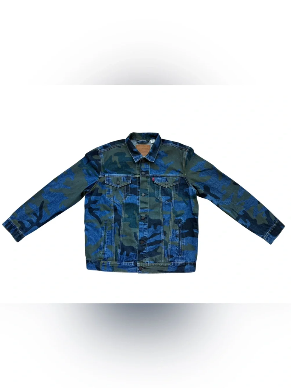 Levis Premium Camo Trucker Denim Jean Jacket Mens XL Blue Green Big E